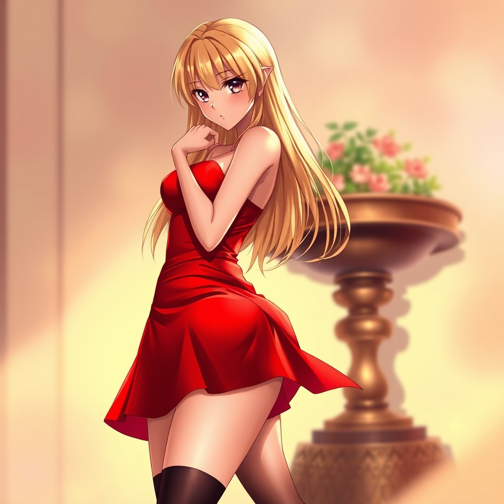 A stunning scene featuring a beautiful anime woman with long blonde hair, wearing a hot, bright red dress that accentuates her curves