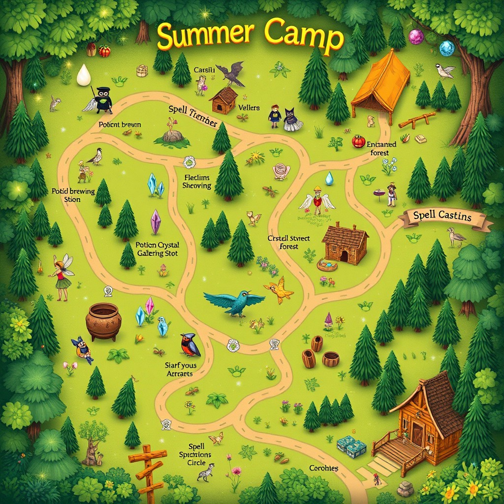 A whimsical and enchanting summer camp map designed for witches