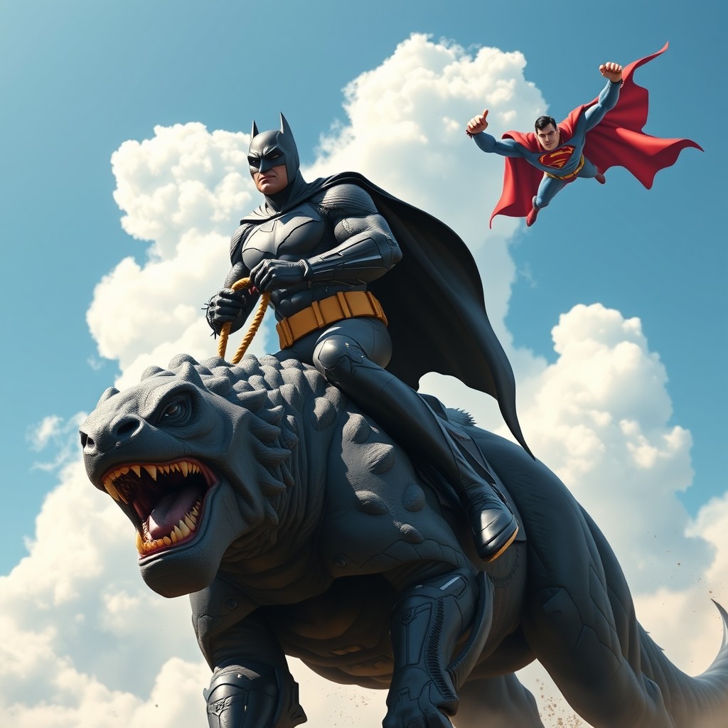 An imaginative scene depicting Batman riding a formidable Songokun, a large and powerful creature