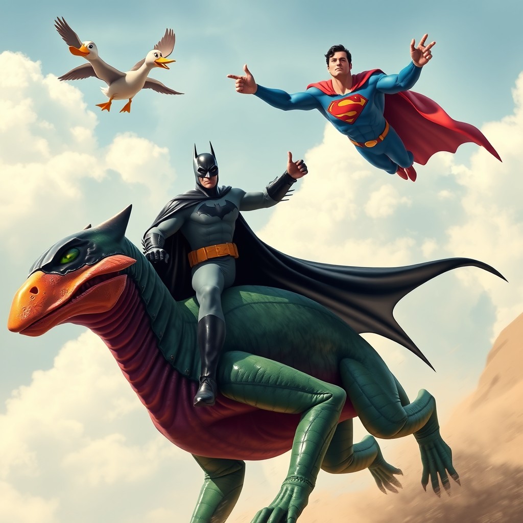 An imaginative scene featuring Batman riding a fantastical alien creature with vibrant colors and unique features