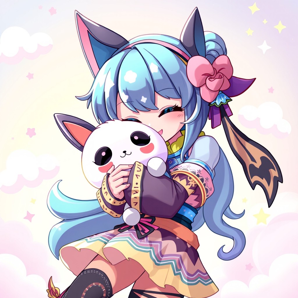 A charming scene featuring Cobriza, a character with a vibrant and dynamic design, lovingly embracing a cute Kuromi plush toy