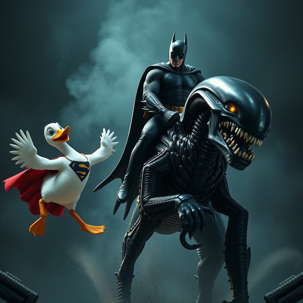 An imaginative scene featuring Batman riding a fierce Xenomorph, the iconic alien creature, in a dynamic pose