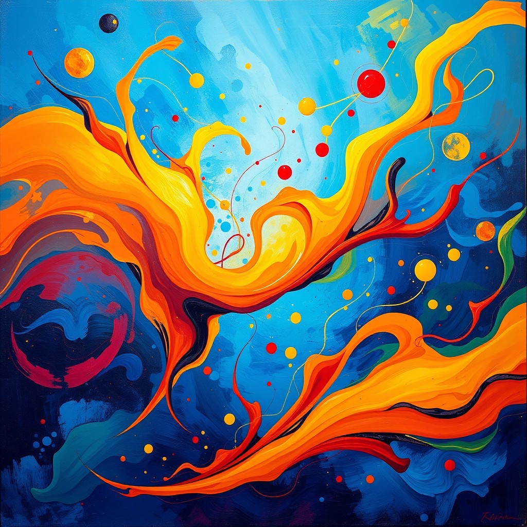 A vibrant, colorful abstract painting featuring swirling shapes and patterns that evoke a feeling of movement and energy
