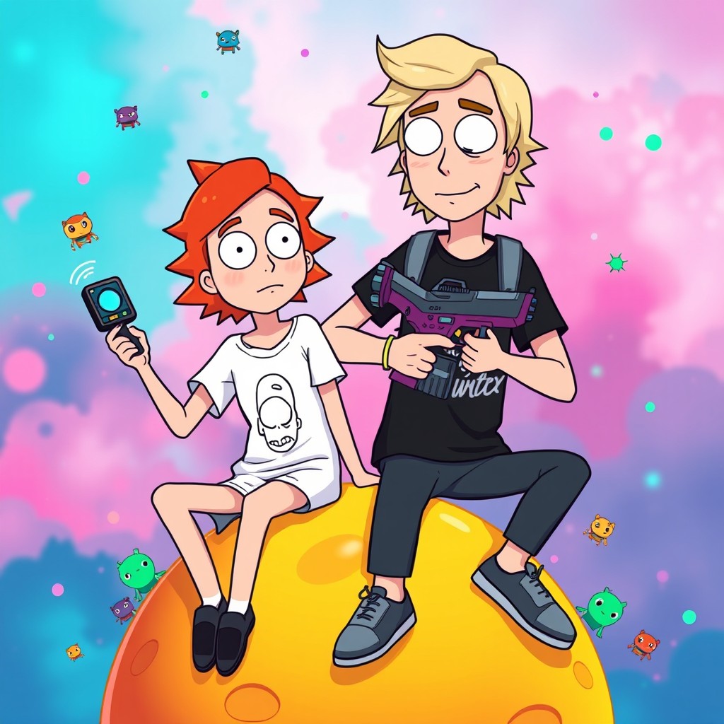 A vibrant, cartoon-style scene reminiscent of the Rick and Morty universe, featuring a boy and girl sitting atop an orange-yellow planet