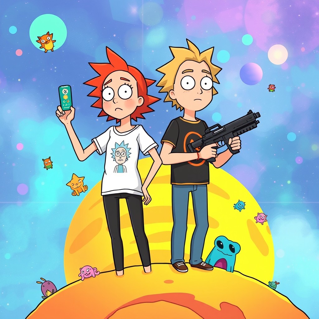 An illustration in the style of Rick and Morty featuring a boy and girl standing on top of a vibrant orange-yellow planet