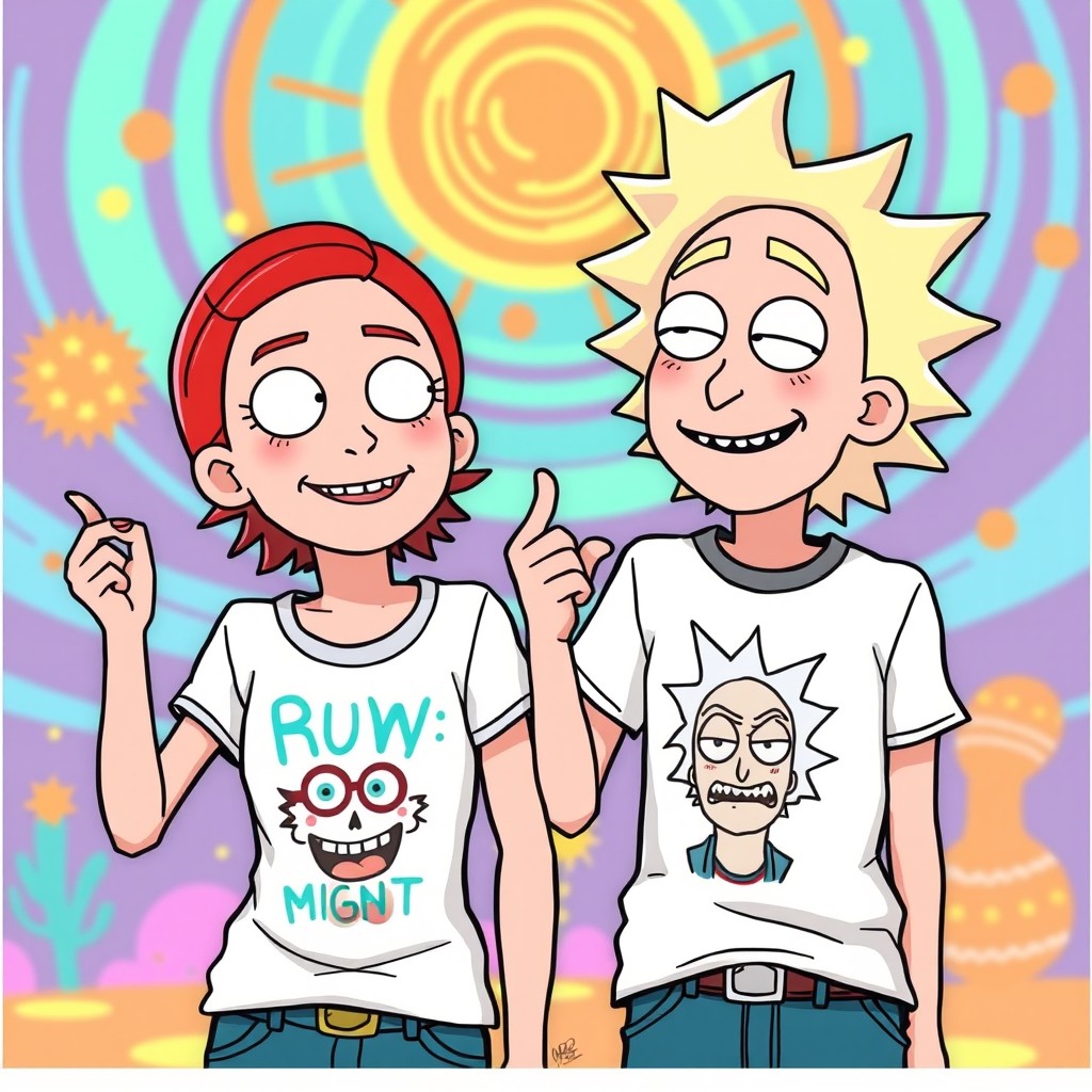 A girl and a boy in the style of Rick and Morty, featuring a girl with bright red hair and a boy with blonde hair
