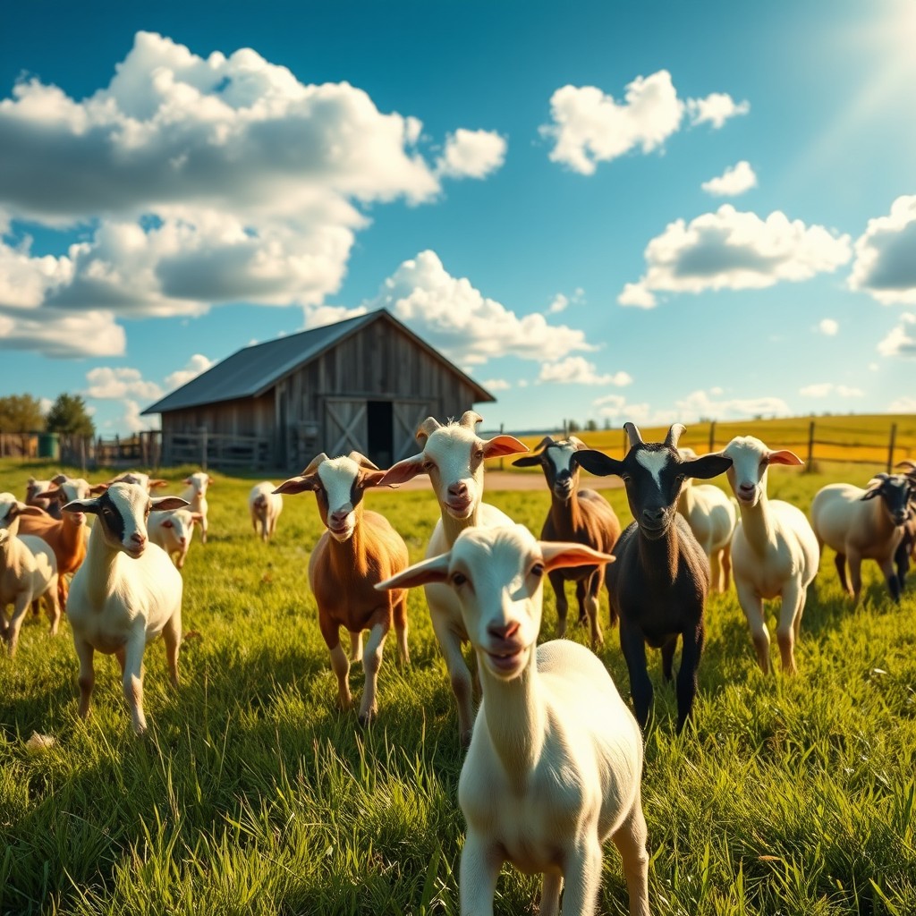 A charming rural scene featuring a group of happy goats frolicking in a green pasture