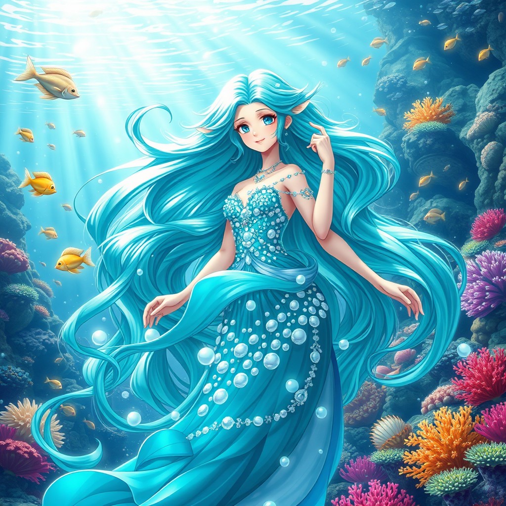 An enchanting anime sea goddess, adorned with flowing aqua and teal hair that mimics the waves of the ocean