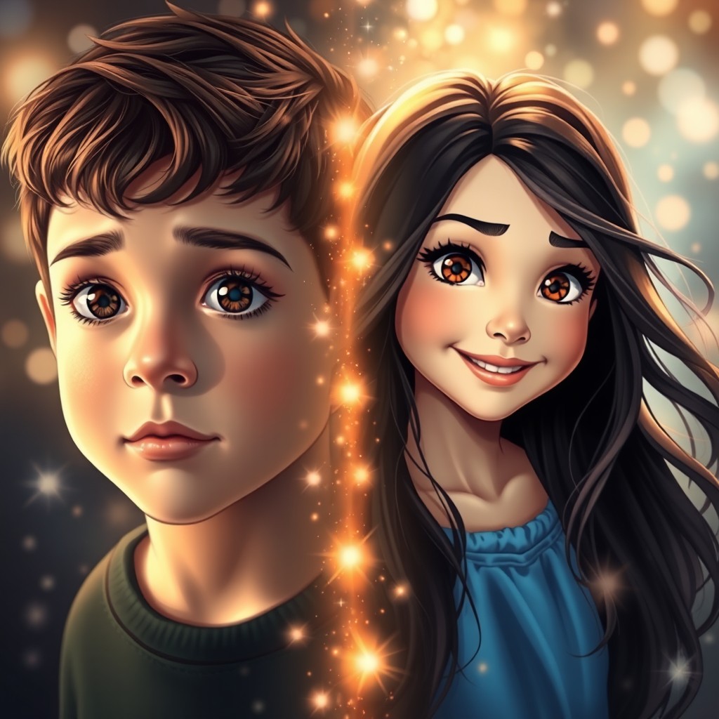 A magical transformation scene depicting a boy with brown eyes and dark brown hair on the left side of the image, transitioning into a girl on the right side