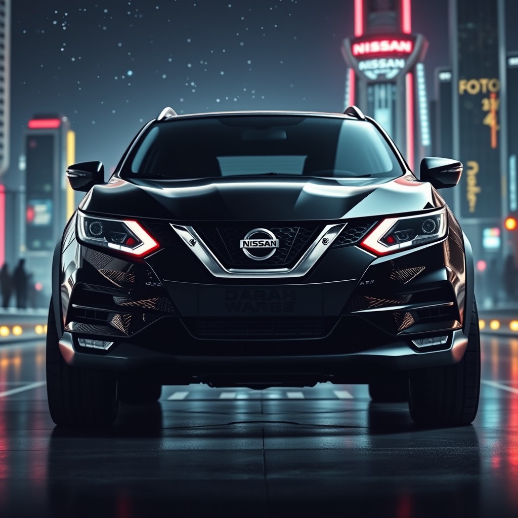 A dramatic and stylized Nissan Qashqai designed to embody the iconic character of Darth Vader, featuring a glossy black exterior with subtle hints of silver detailing reminiscent of Darth Vader's armor