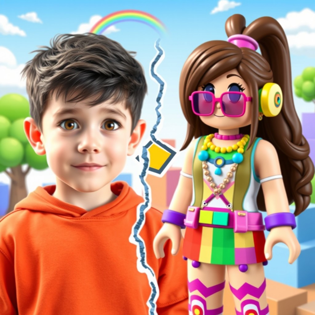 A transformation scene where a boy with brown eyes and dark brown hair magically turns into a Roblox-style character, depicting a girl on the right side