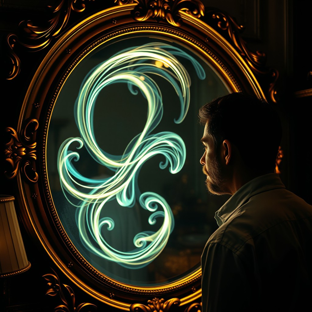 A man gazes into a large ornate mirror, his reflection showing an abstract and fantastical shape instead of his own image