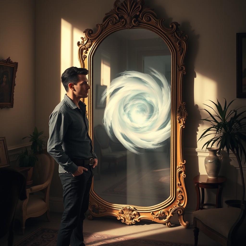 A man standing in an elegant, softly lit room, gazing into a large ornate mirror