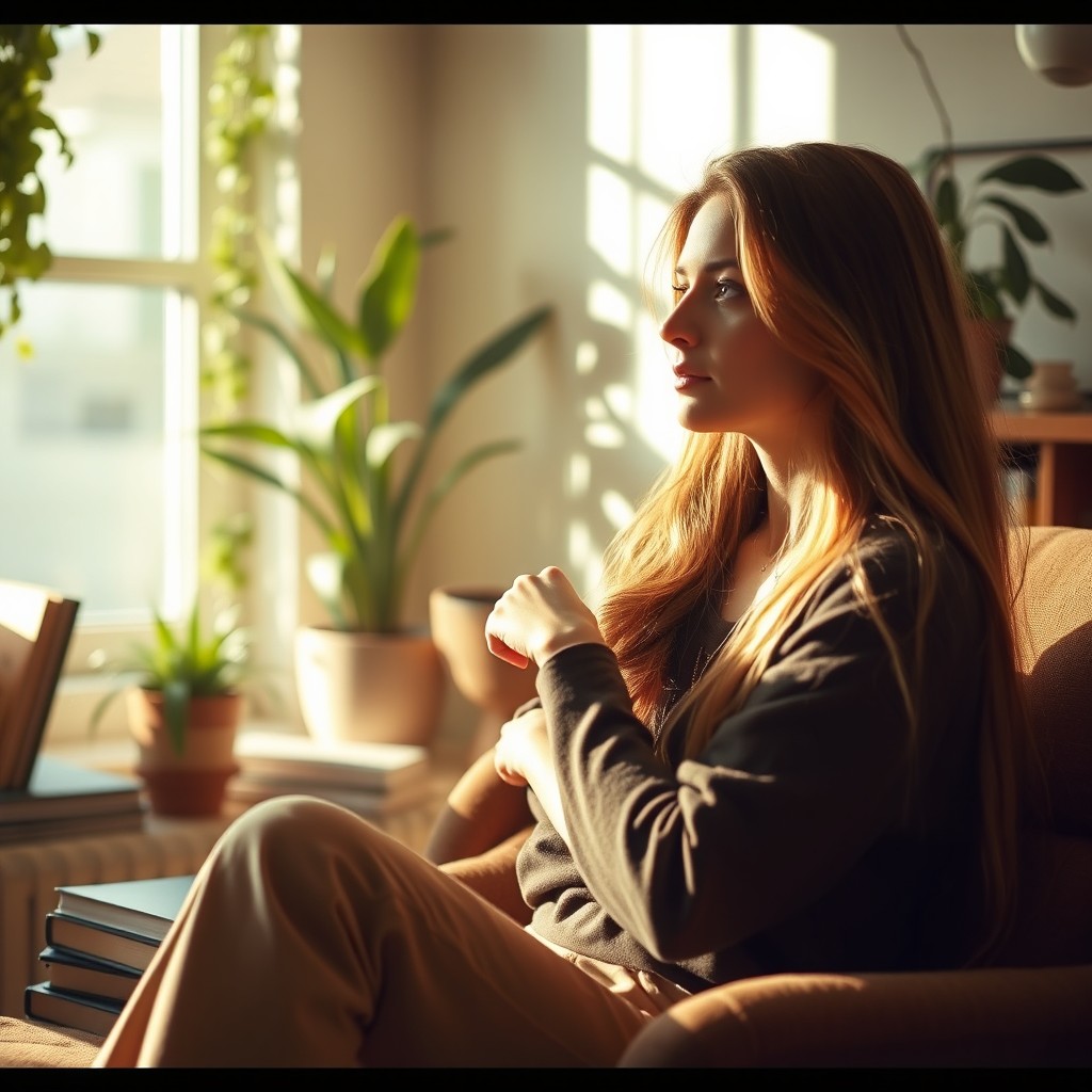 A thoughtful woman sitting in a cozy, sunlit room, deep in contemplation