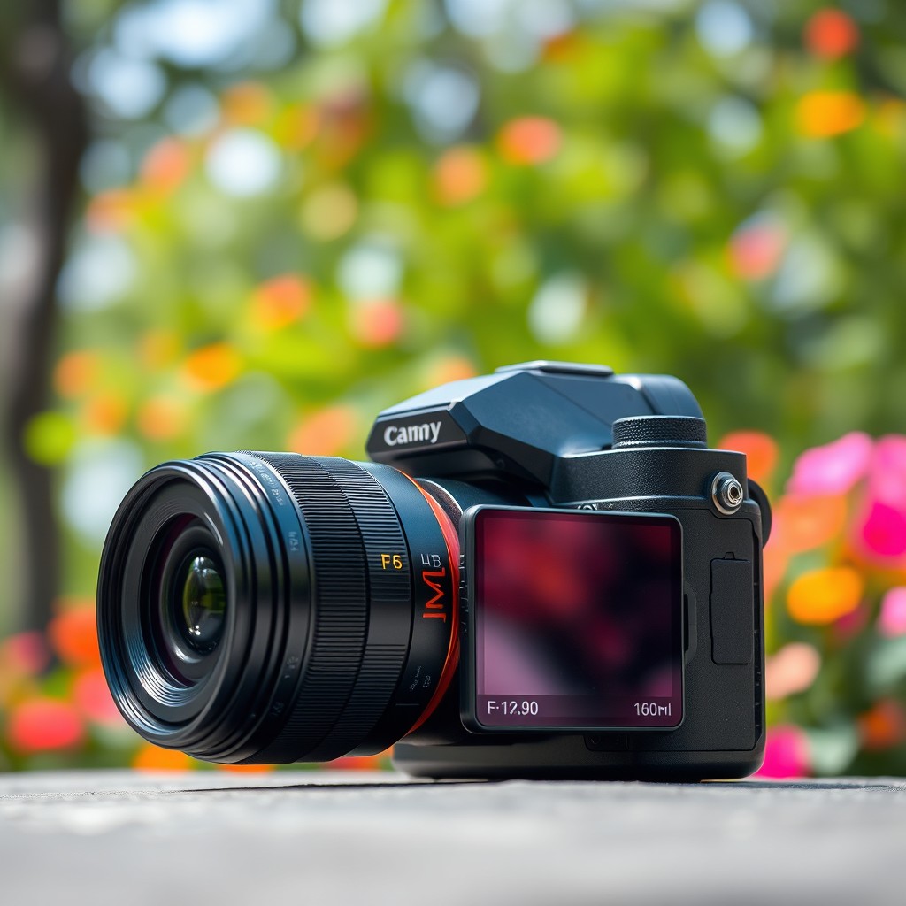 A sleek, modern camera with a shiny black finish and advanced features, set against a vibrant backdrop of nature