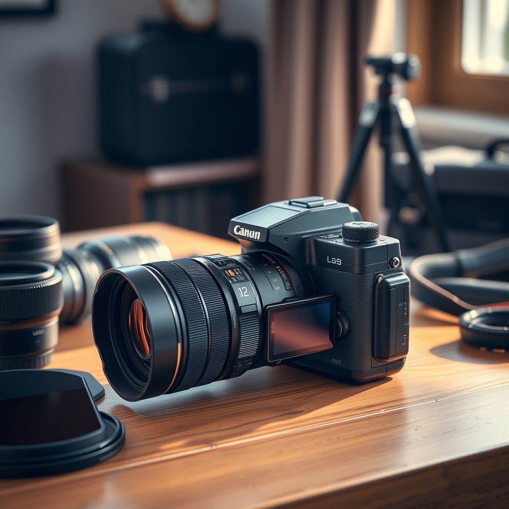 A high-end professional camera, detailed and sleek design, showcasing features like a large lens, adjustable settings, and a digital screen