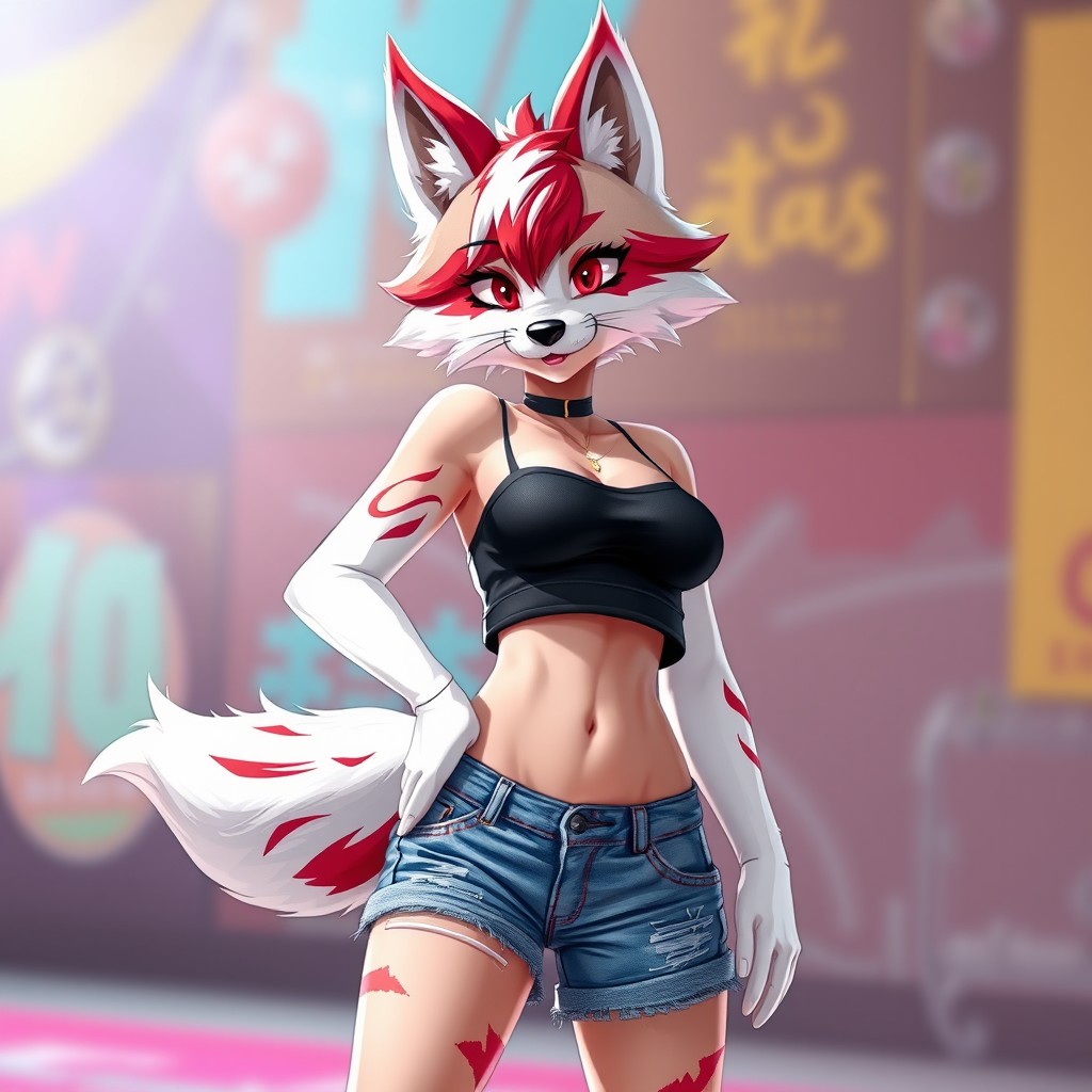 A female furry character designed as a white and red wolf, featuring striking fur patterns with a pronounced white base and vibrant red accents