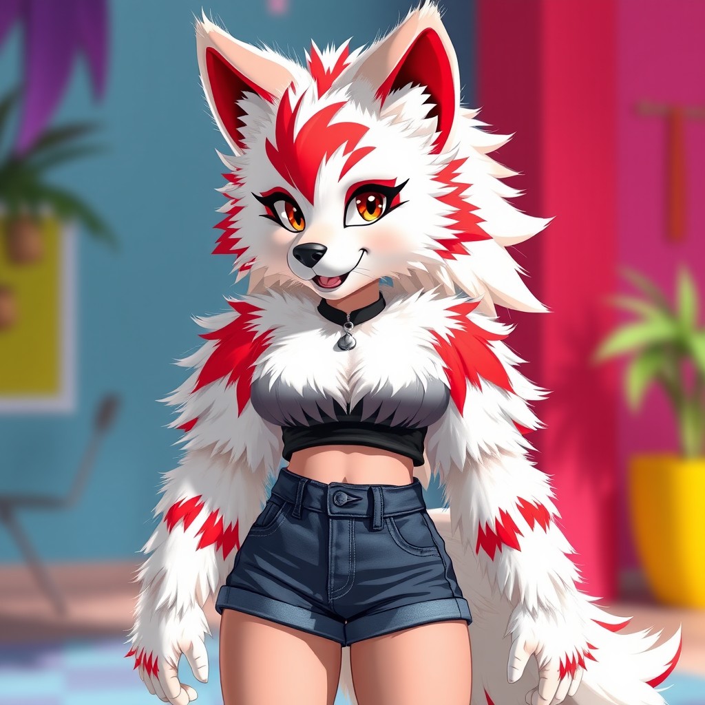 A female furry character designed as a white and red wolf, with dense fur entirely covering her body