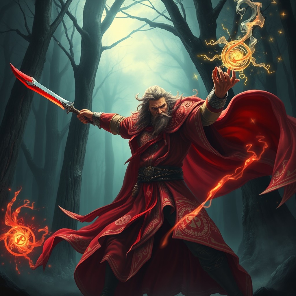 A powerful red mage wielding a long sword in one hand, casting a spell with the other