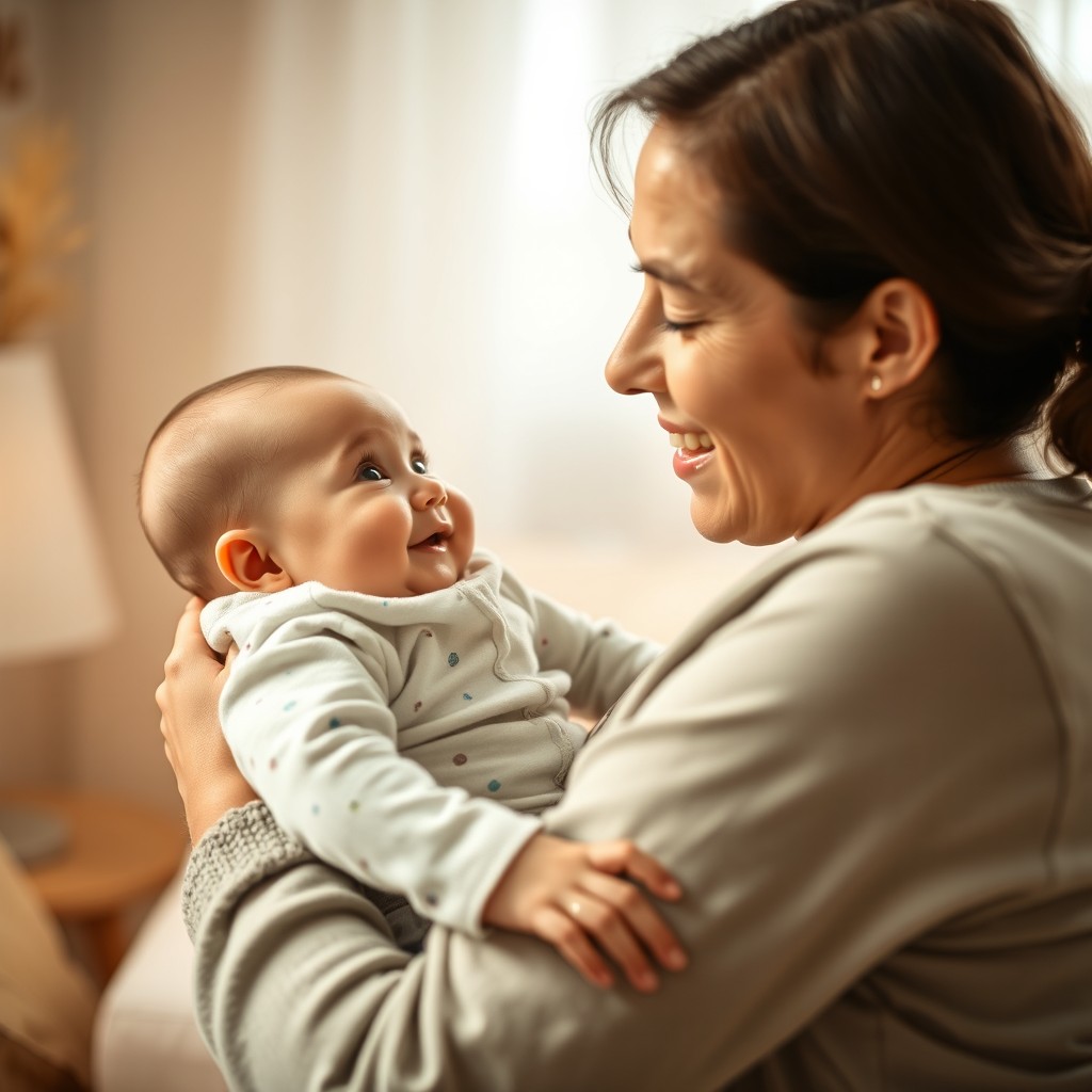 A heartwarming scene of a parent holding a baby in their arms, positioned about 20-30 cm away from the parent's face