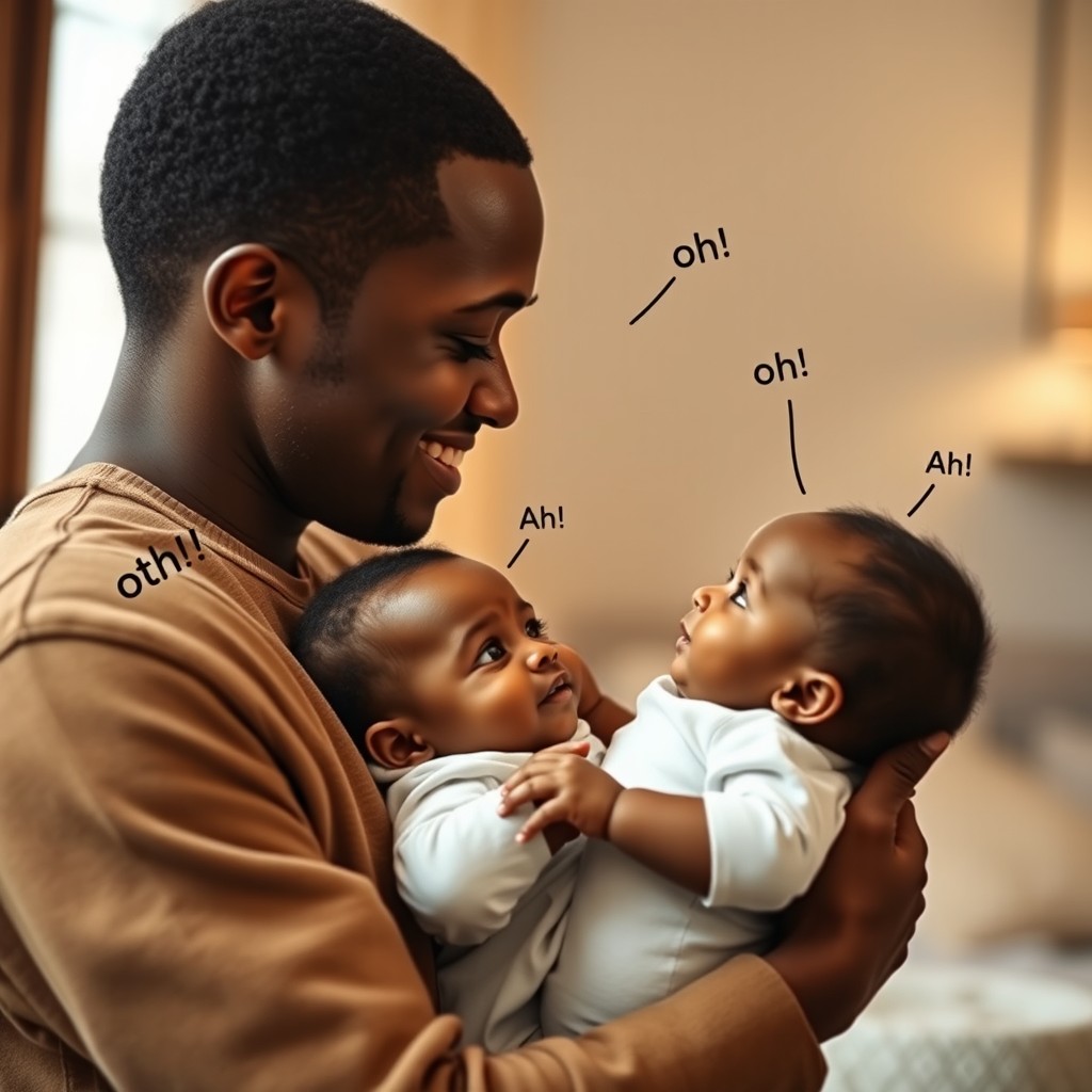 A heartwarming scene depicting a Black family, where a parent is holding their baby in their arms, positioned about 20-30 cm away from their face