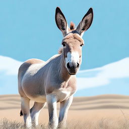 A high-quality digital art piece featuring a donkey standing in a grassy field under a clear blue sky