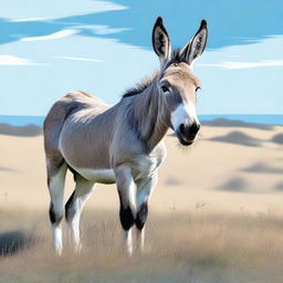 A high-quality digital art piece featuring a donkey standing in a grassy field under a clear blue sky