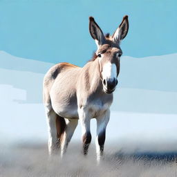 A high-quality digital art piece featuring a donkey standing in a grassy field under a clear blue sky