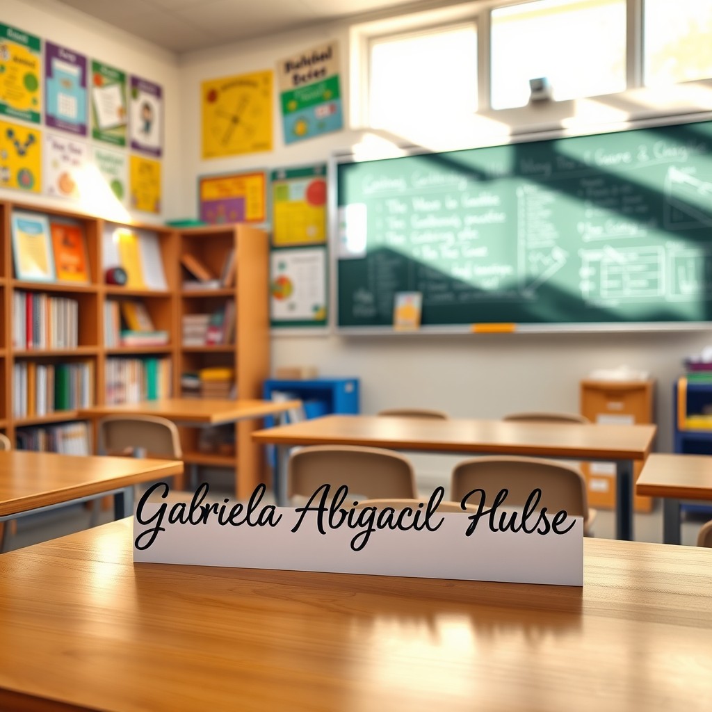 A classroom scene featuring a wooden desk, colorful educational posters on the wall, a chalkboard filled with lesson notes, bright natural light coming through the windows, and the name 'Gabriela Abigail García Hulse' elegantly displayed on the desk in beautiful cursive