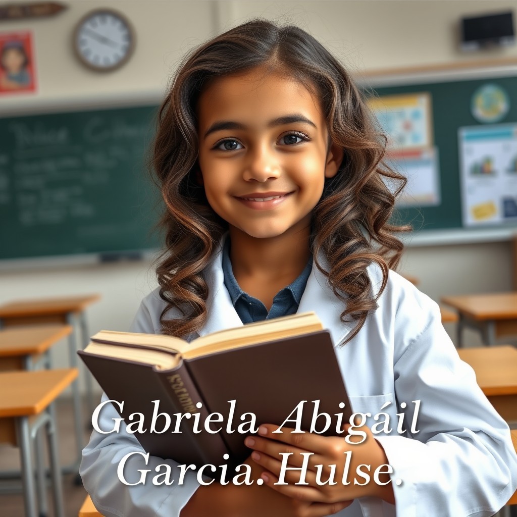 A classroom setting featuring a scientific girl with wavy hair and light brown skin, holding a science book