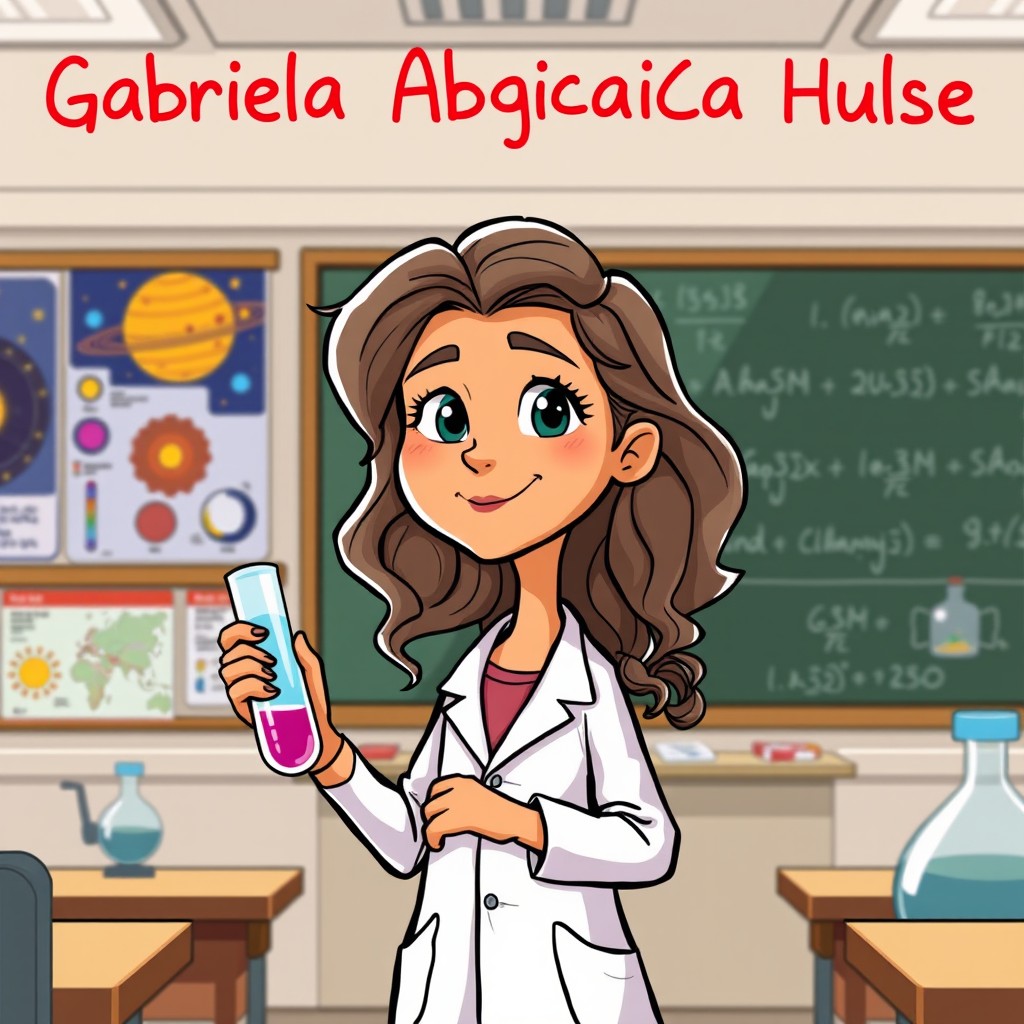 A cartoon-style illustration featuring a scientific girl with wavy hair and light tan skin standing in a classroom