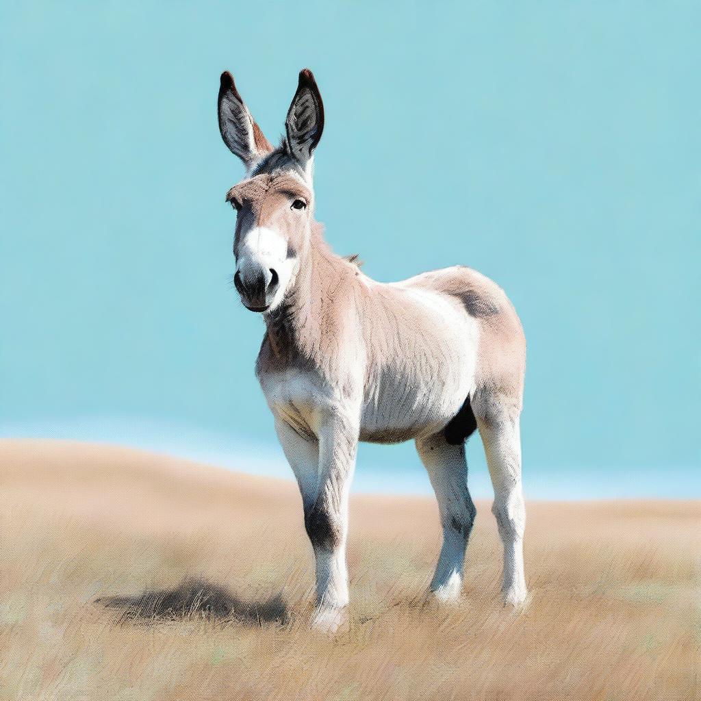 A high-quality digital art piece featuring a donkey standing in a grassy field under a clear blue sky