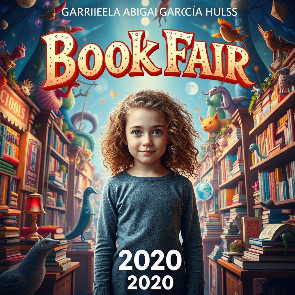 A captivating movie poster featuring a young girl with curly, light brown hair, themed around a fantasy book fair in the year 2020