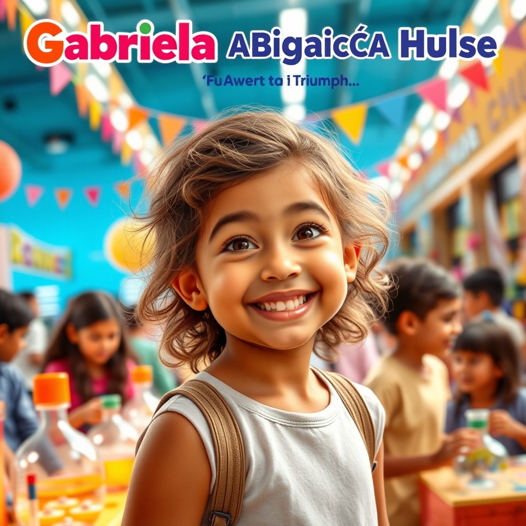 A vibrant and colorful movie poster for a family film featuring a 5-year-old girl with light tan skin and wavy hair, positioned at a bustling science fair