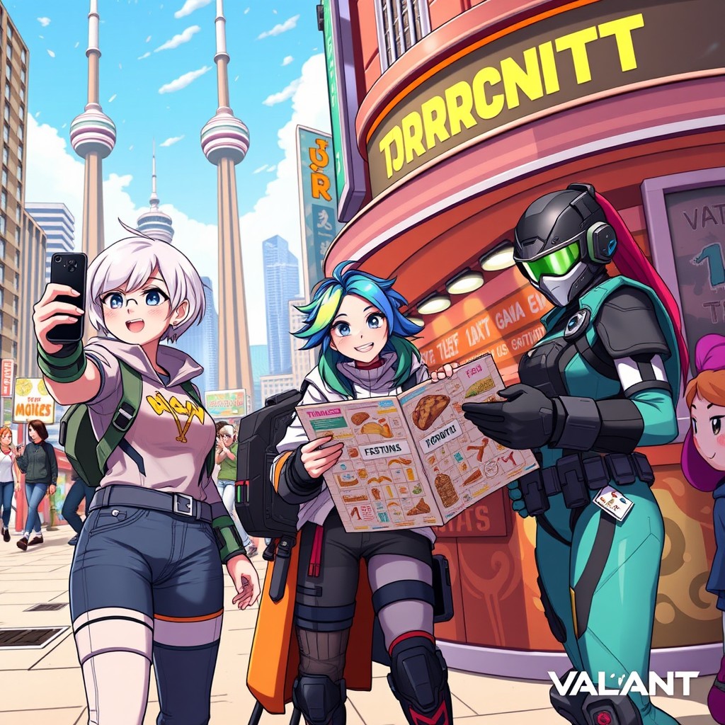 A dynamic scene in Toronto featuring three characters: Jett, Raze, and Viper from the game Valorant