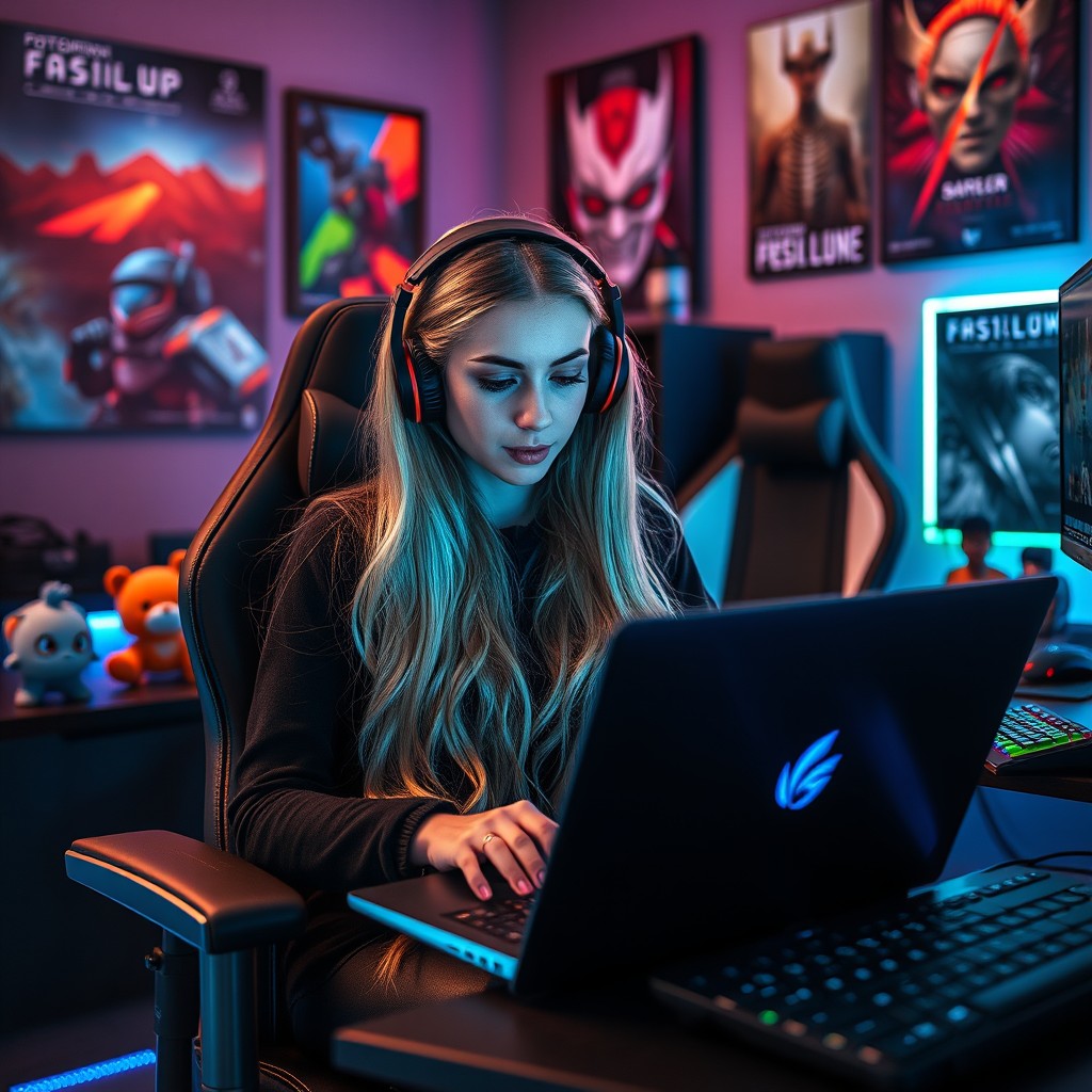 A young woman with long, flowing blonde hair sitting comfortably in her gaming room