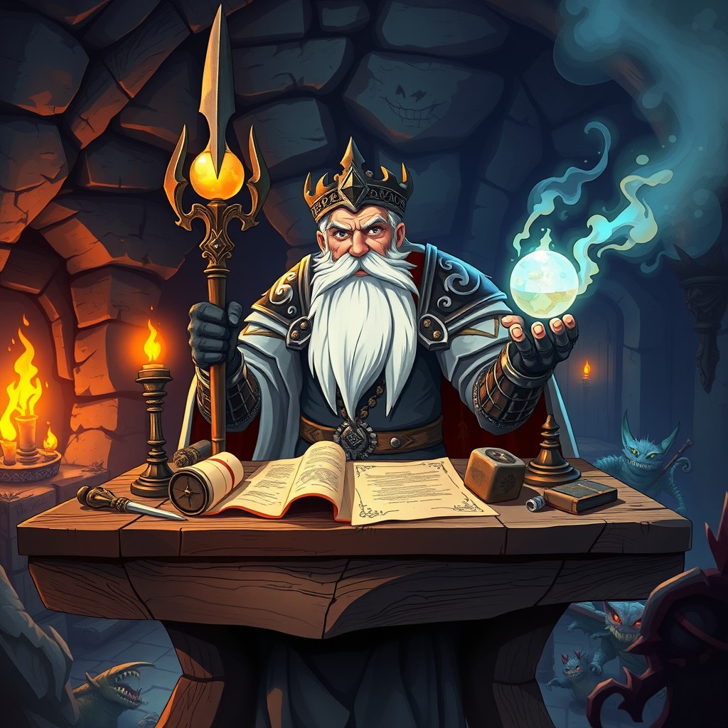 An old knight character serving as a dungeon master, depicted in a vibrant anime style
