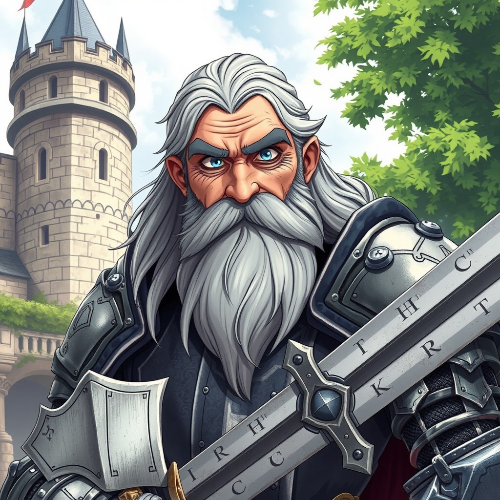 An old knight character in medieval armor, illustrated in an expressive anime style