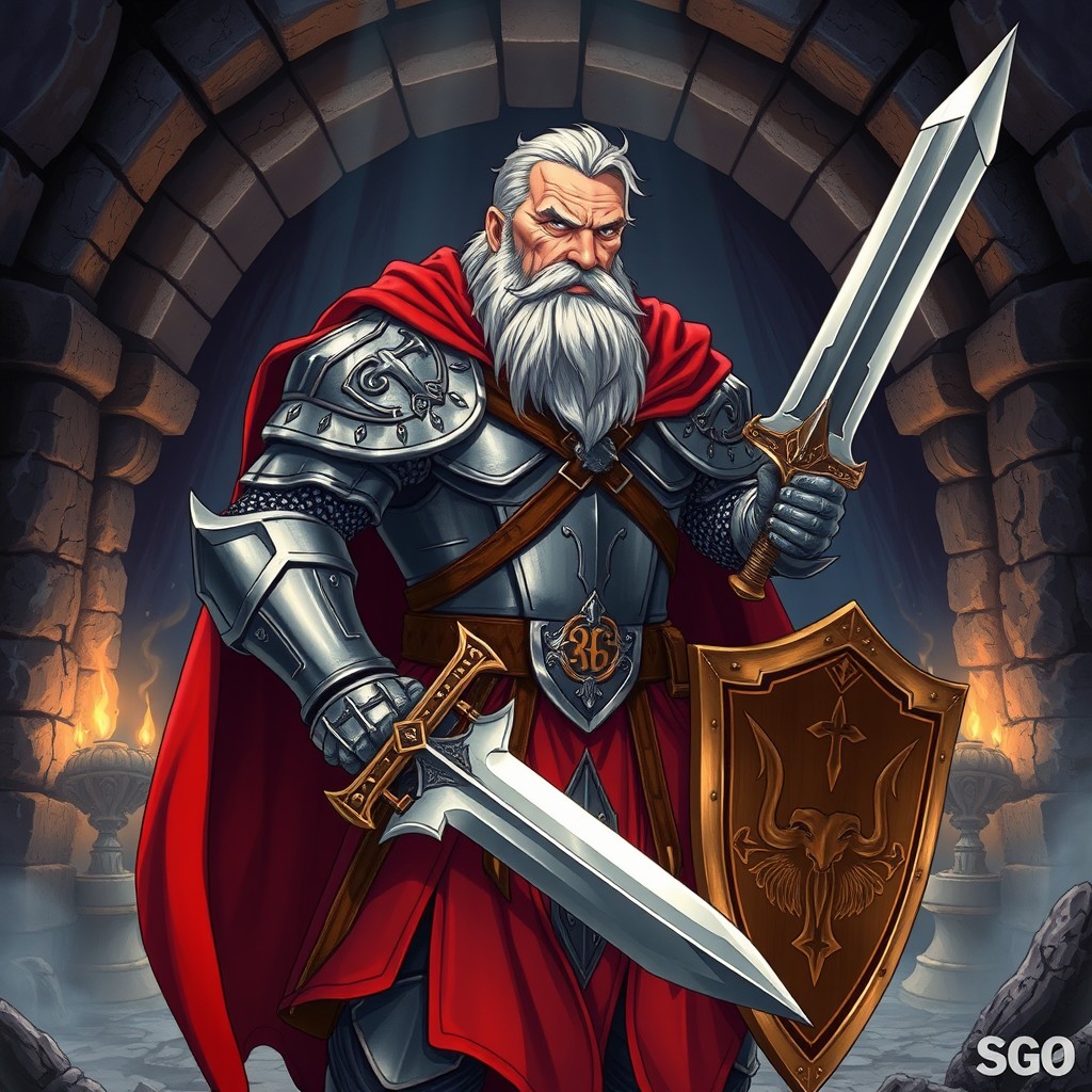 A full-body illustration of an old knight in medieval armor, portrayed in an anime style