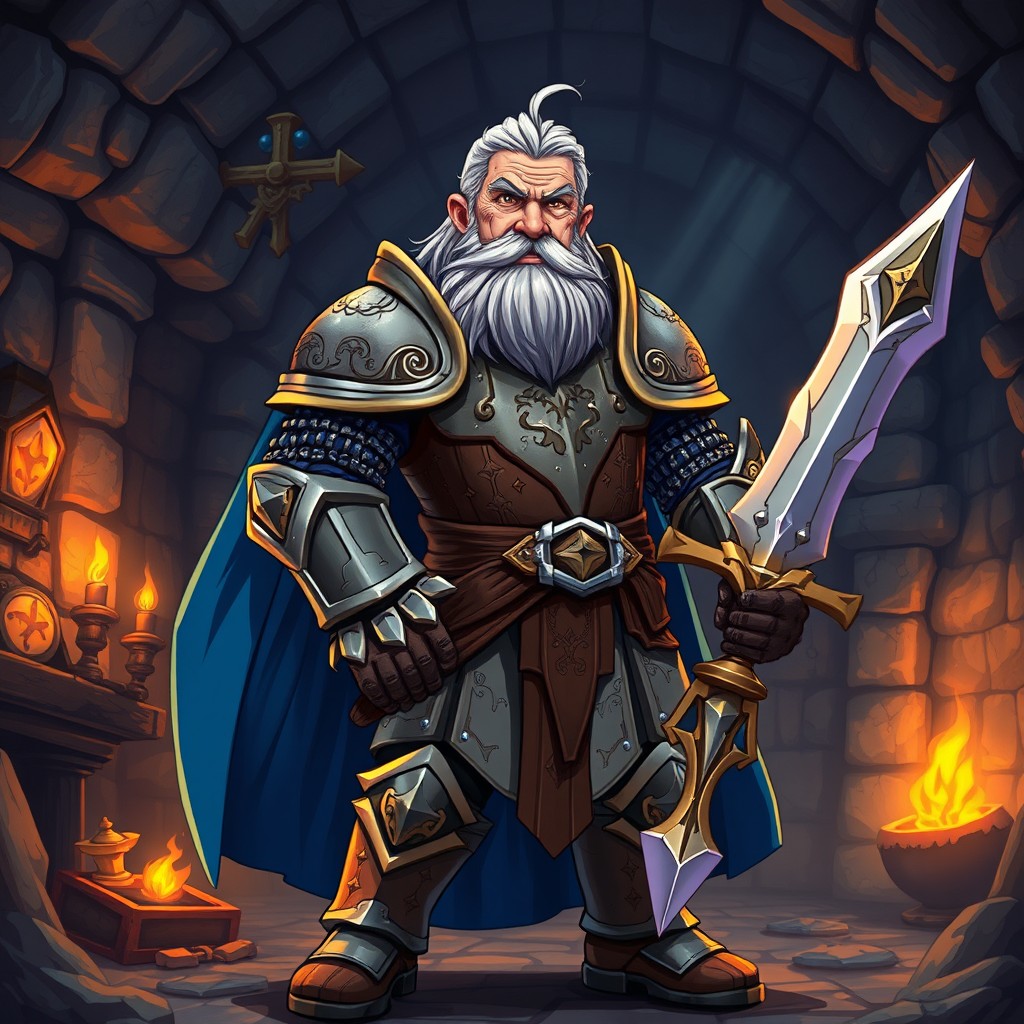 A full-body character illustration of an old knight in medieval armor, styled in vibrant anime aesthetics