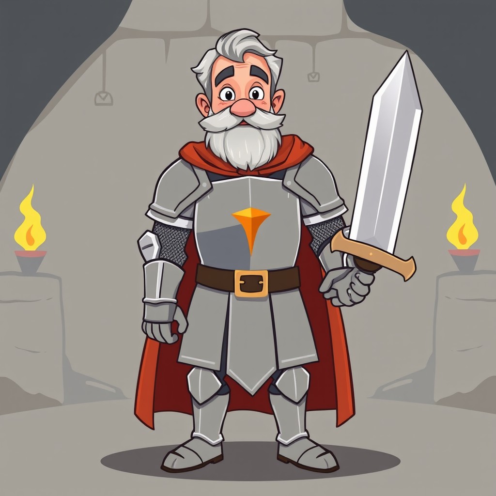 A full-body character design of an old knight in medieval armor, created in a simple game art style