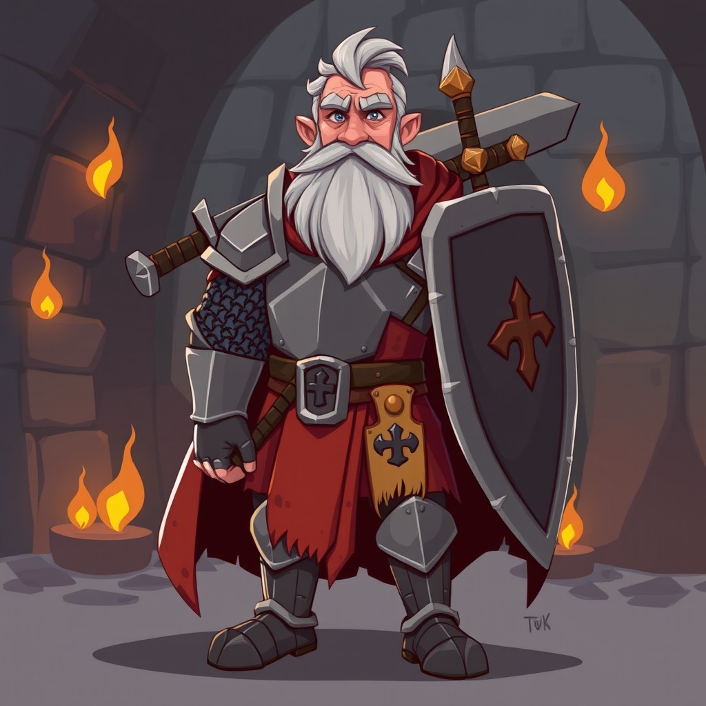 A full-body character design of an old knight in medieval armor, depicted in a stylized game art style