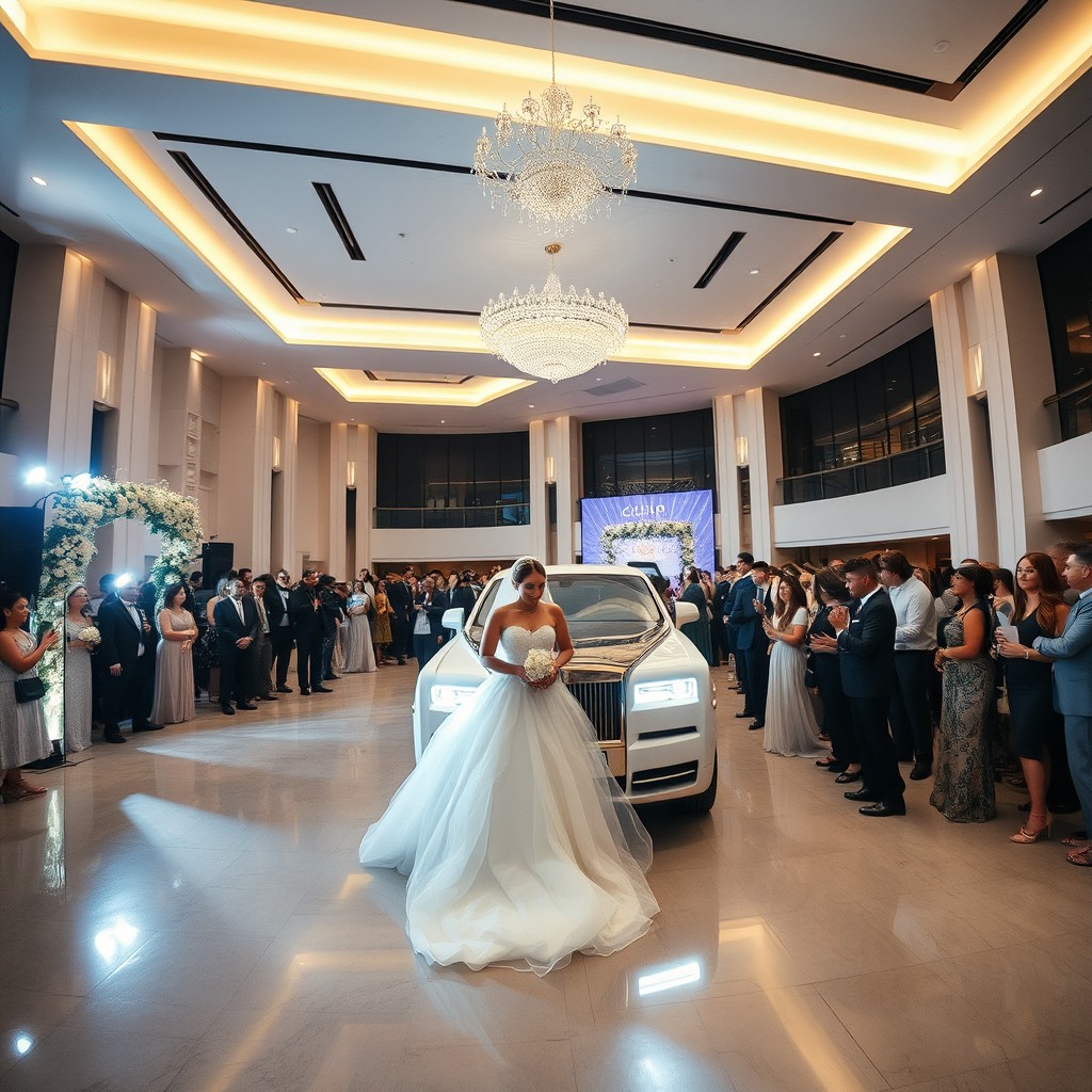 A modern banquet hall spanning approximately 1000 square meters with a height of 7 meters, brightly lit for a festive wedding event