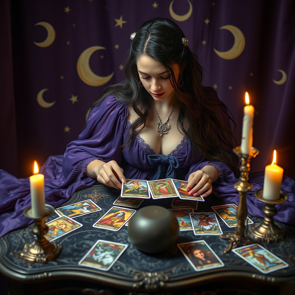 A mystical scene featuring a woman intricately reading tarot cards on an ornate table