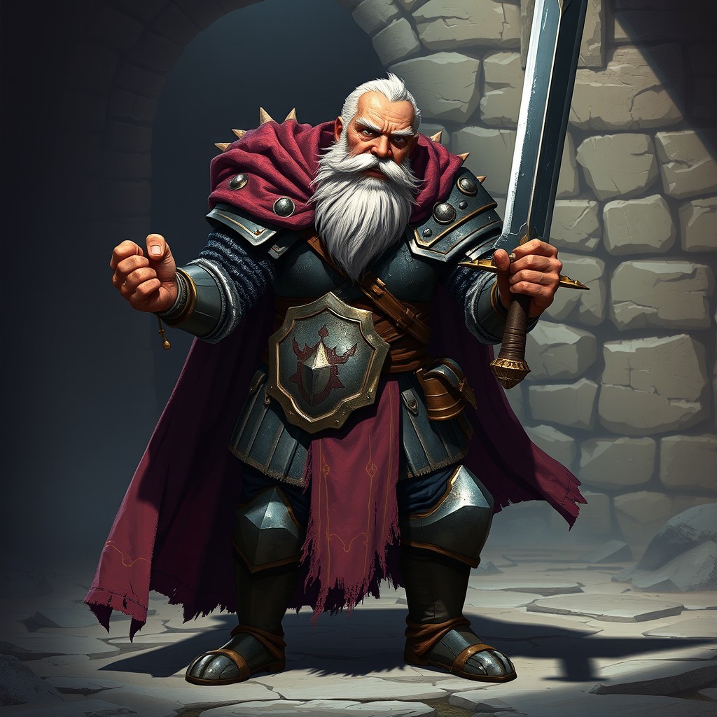 A full-body character design of an old knight in medieval armor, portrayed in a dynamic game style as he stands in a fighting stance