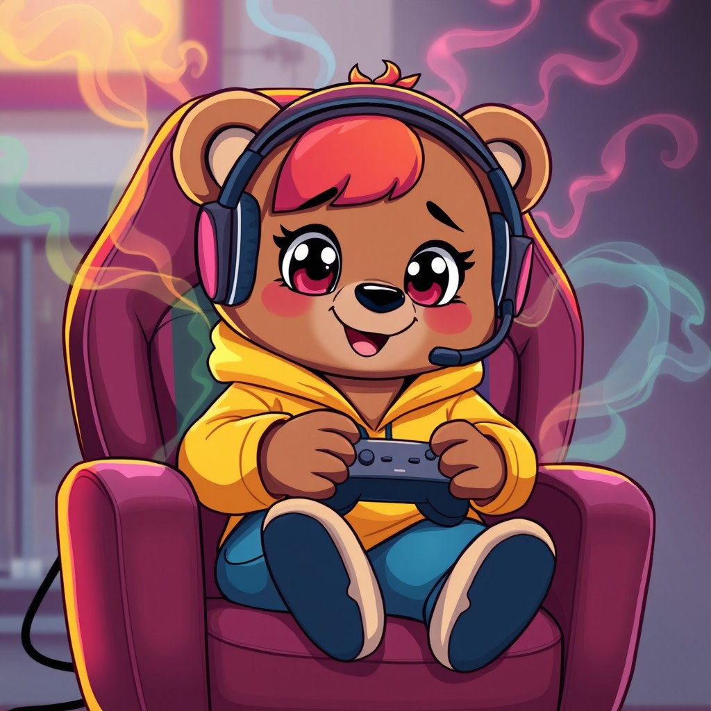 A cartoon-style female bear sitting comfortably in a gaming chair, exuding a relaxed yet focused vibe
