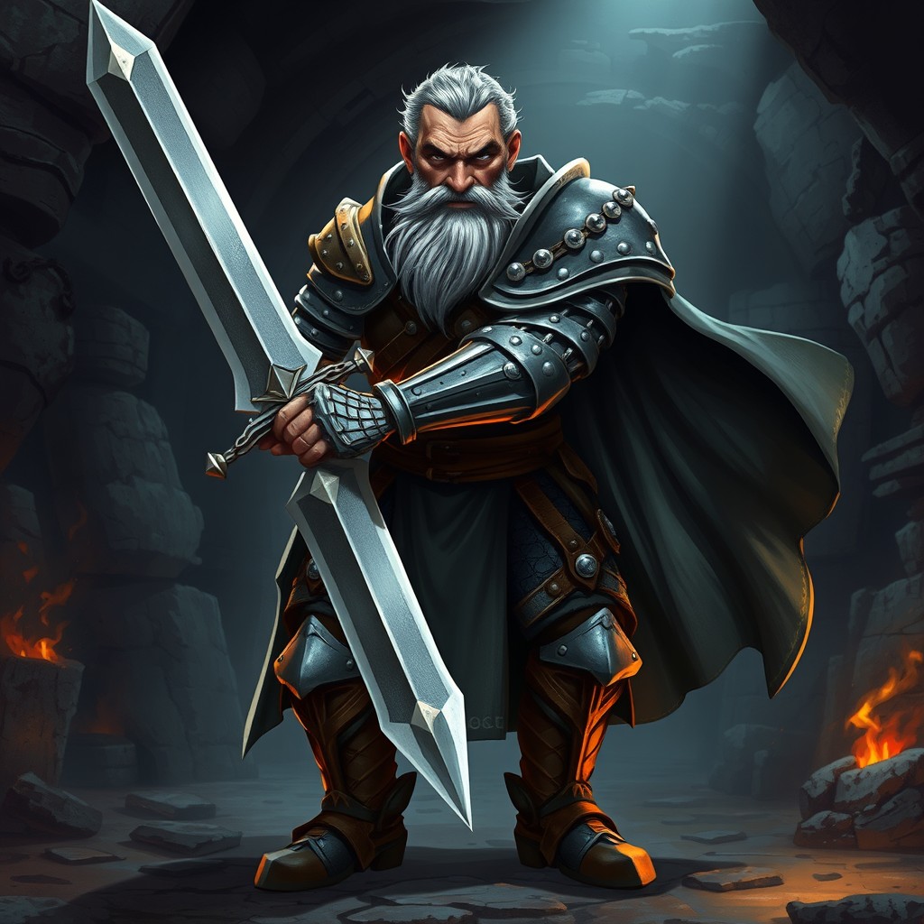 A full-body character design of an old knight in medieval armor, positioned in a fighting stance and illustrated in a dynamic game style