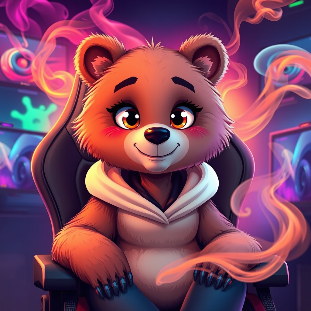 A cartoon bear female morphing into a human at the face, showcasing both animalistic and human features blending together beautifully