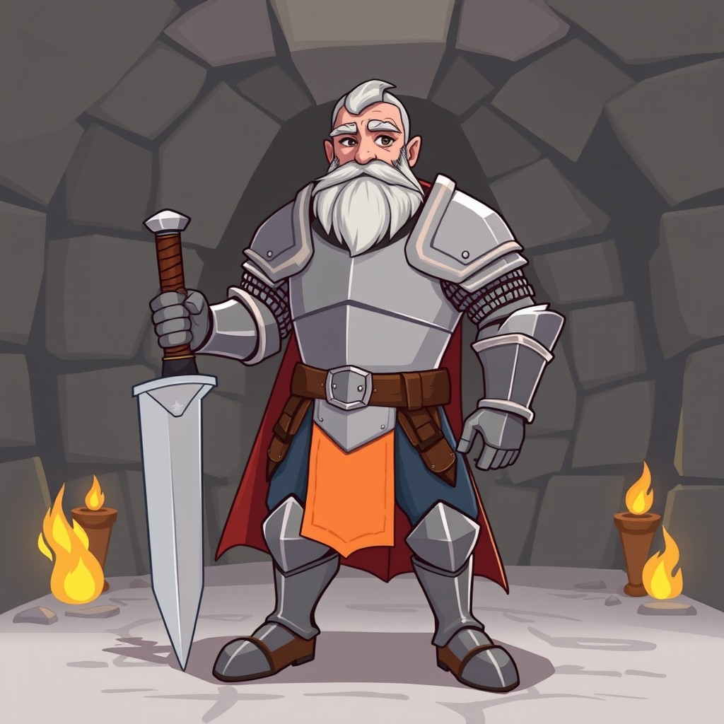 A full-body character design of an old knight in medieval armor, illustrated in a simple yet engaging game style