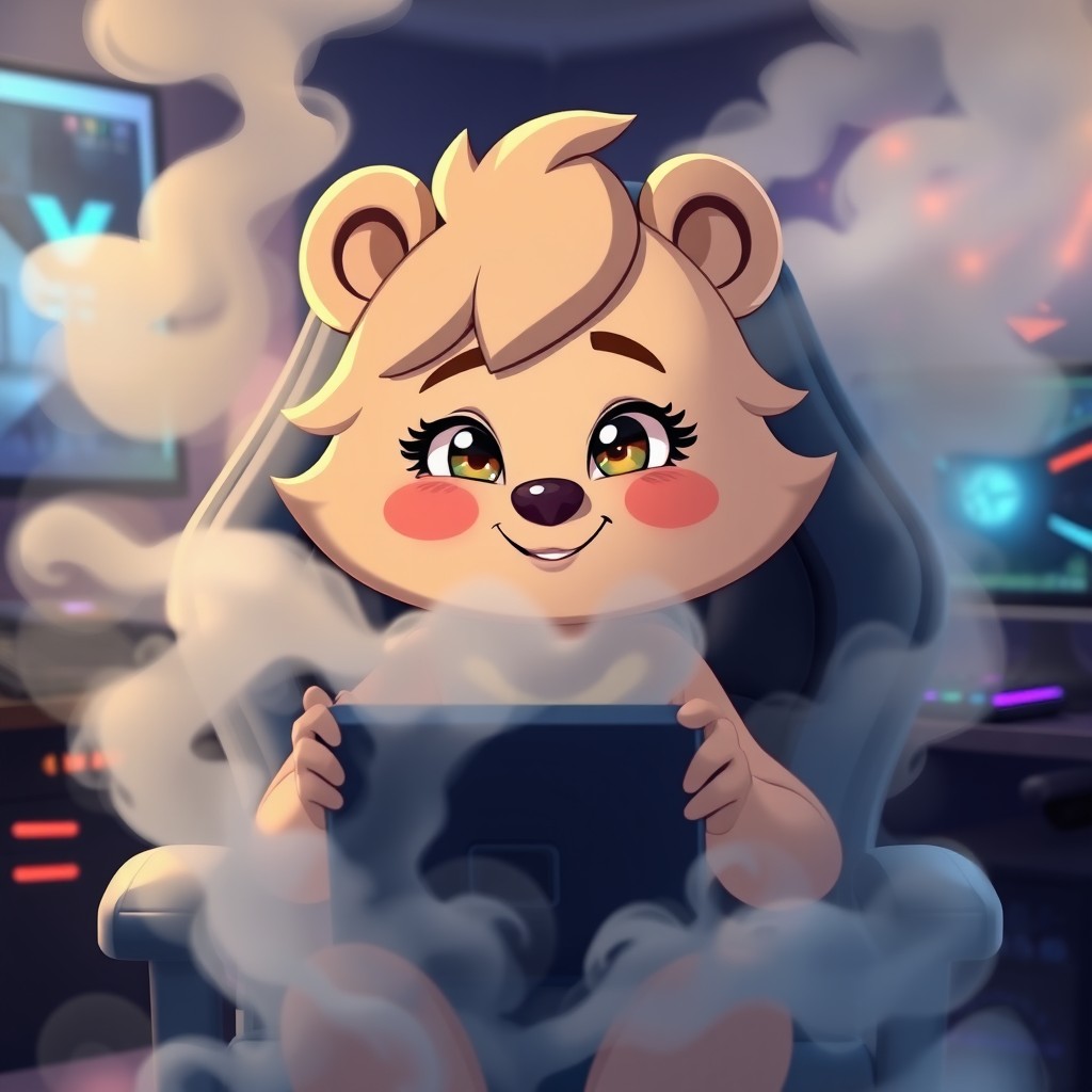 A cartoon female bear named Milva, with distinct bear features slowly morphing into human characteristics on her face